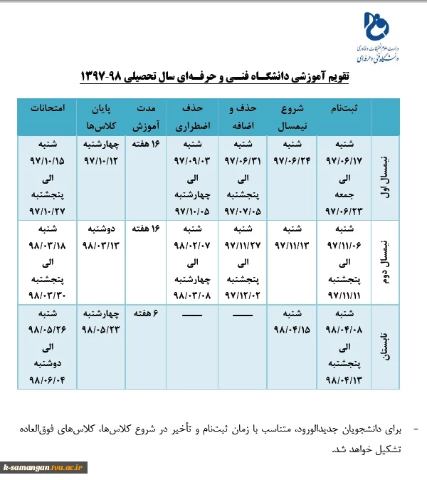 تقویم آموزشی سال تحصیلی 98-97 دانشگاه فنی‌و حرفه‌ای 2